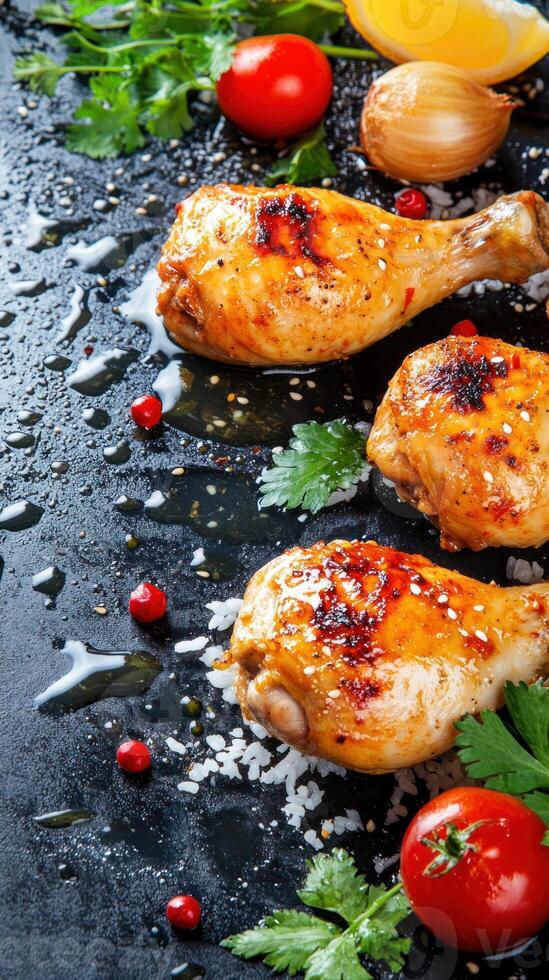 Chicken legs being served on a table with parsley and lemon, for a family dinner photo