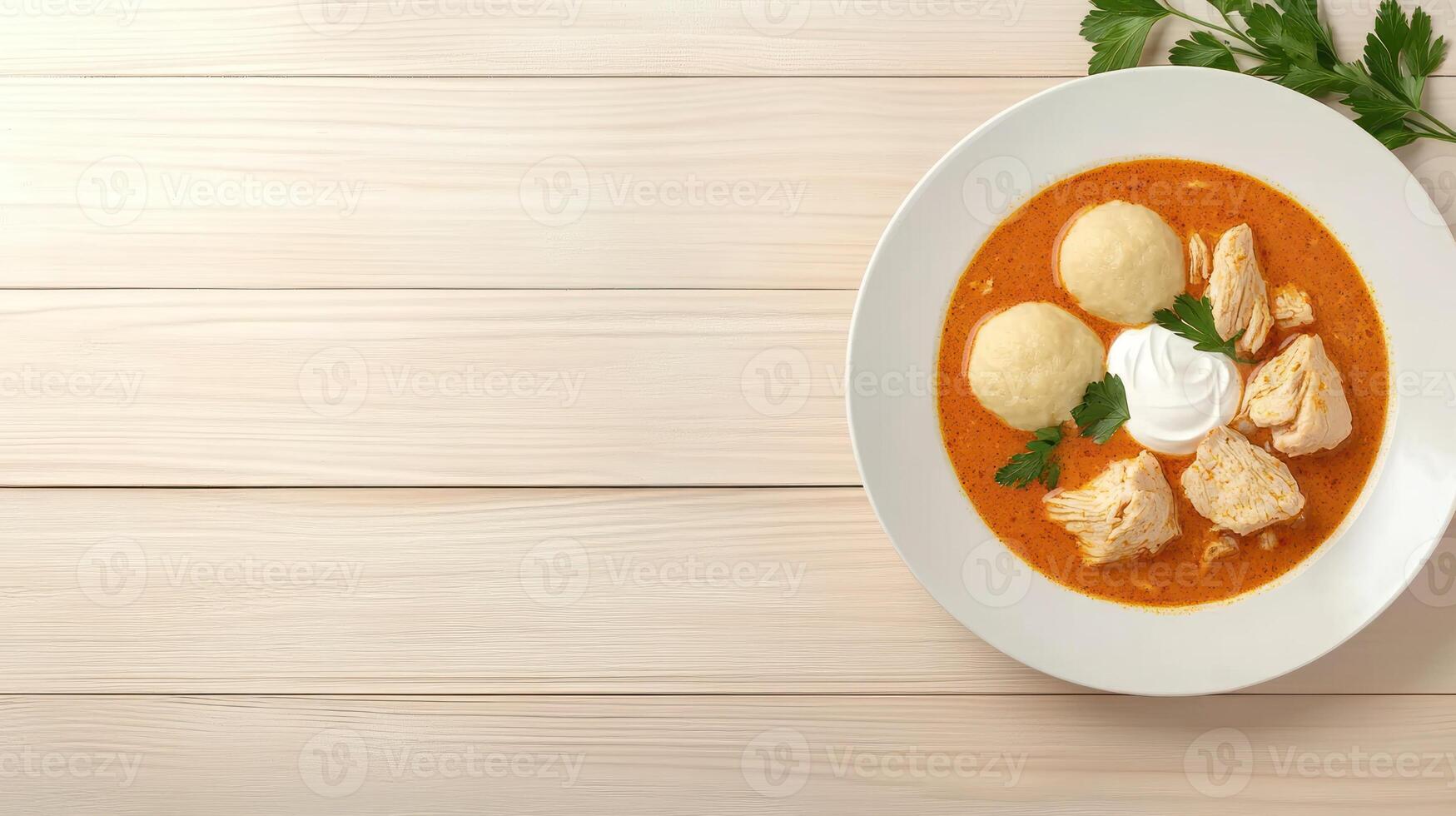 Chicken paprikash in bowl. Dumplings, creamy sauce, parsley, and white wooden table background photo
