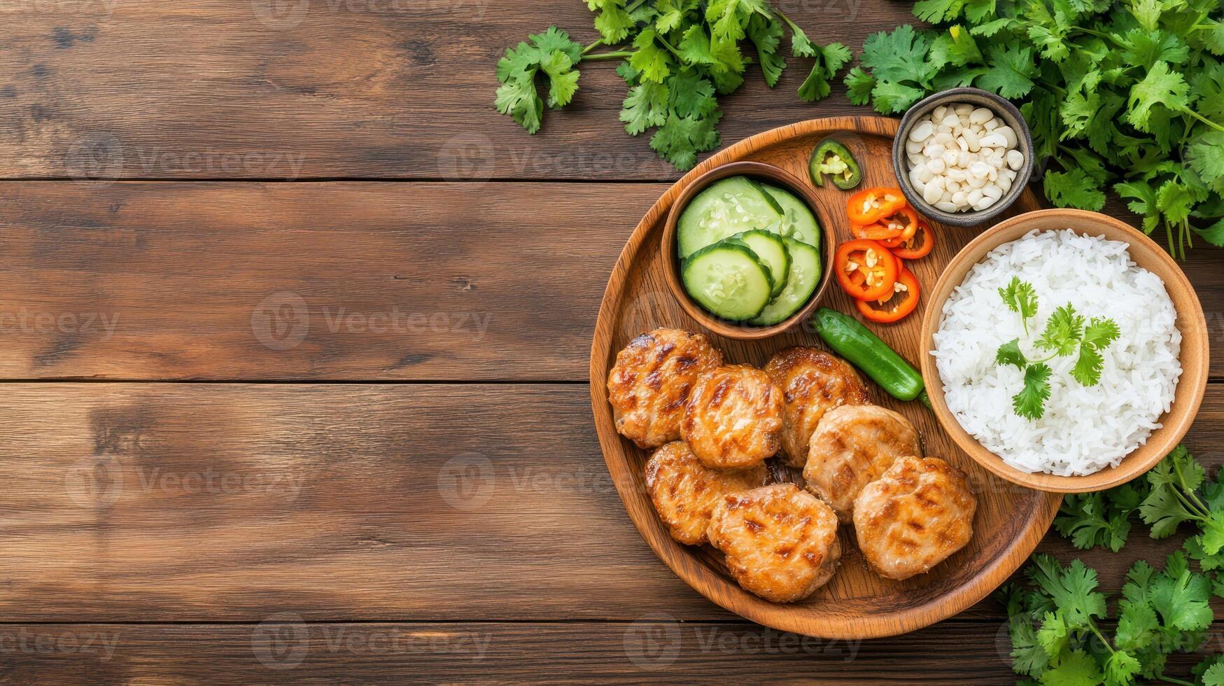 Chicken patties with rice, greens and cucumber on wooden plate, on table, food ad photo