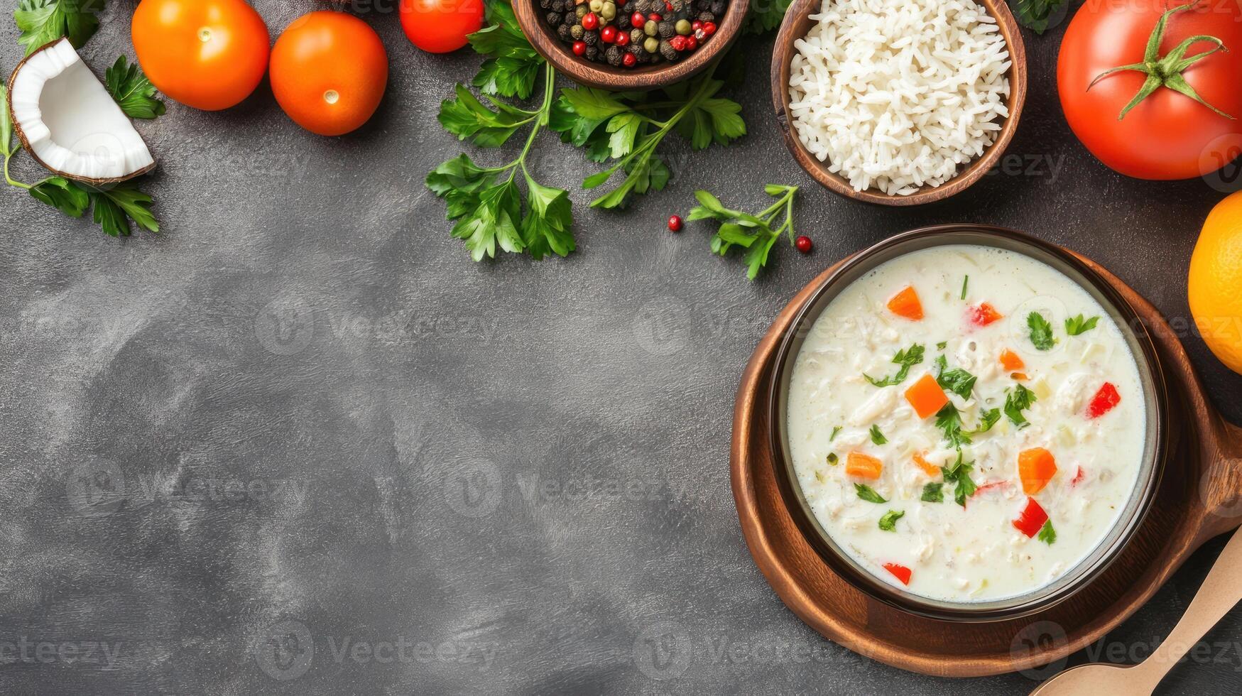 Chicken rice soup bowl on table with vegetables for a healthy meal or lifestyle blog photo