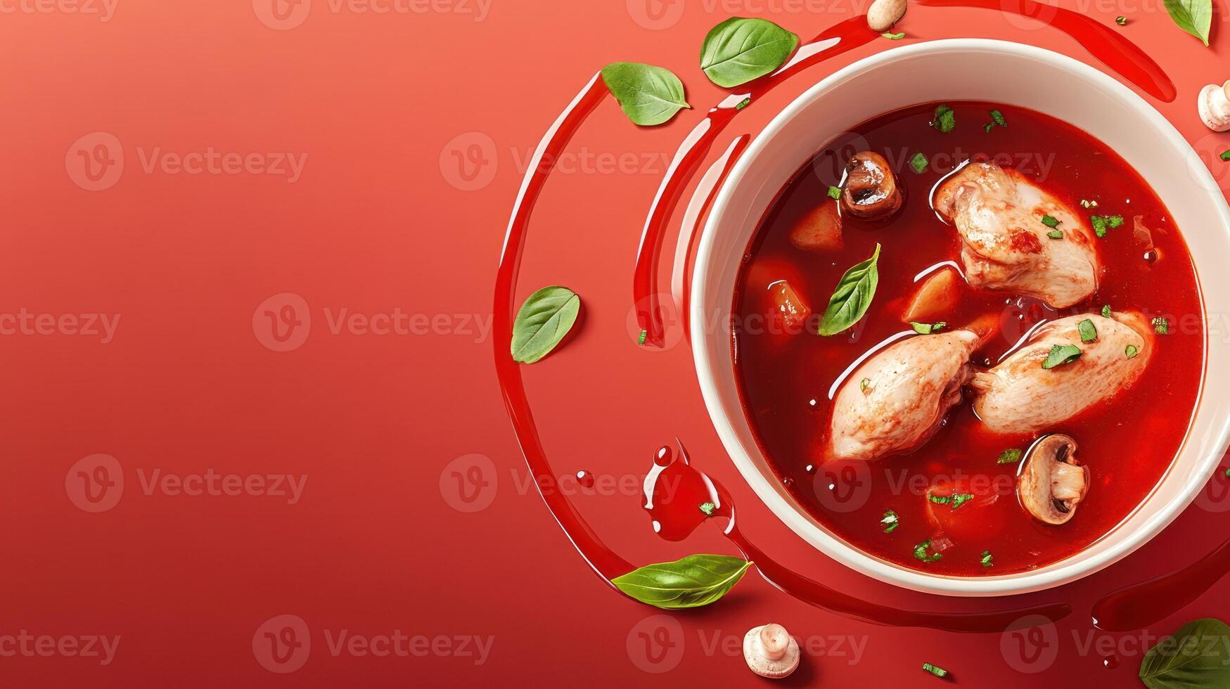 Chicken soup with mushrooms and basil leaves on a red table, for food blogs and recipes photo