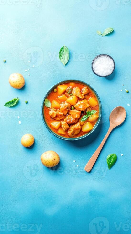 Chicken stew with potatoes in a bowl. Top view on colorful background. For cooking recipes photo