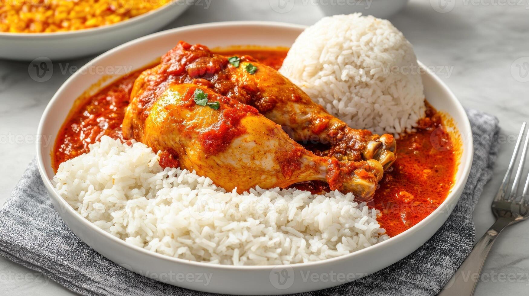 Chicken stew with rice. Meal served on a plate, next to a fork, on a table with a white plate photo