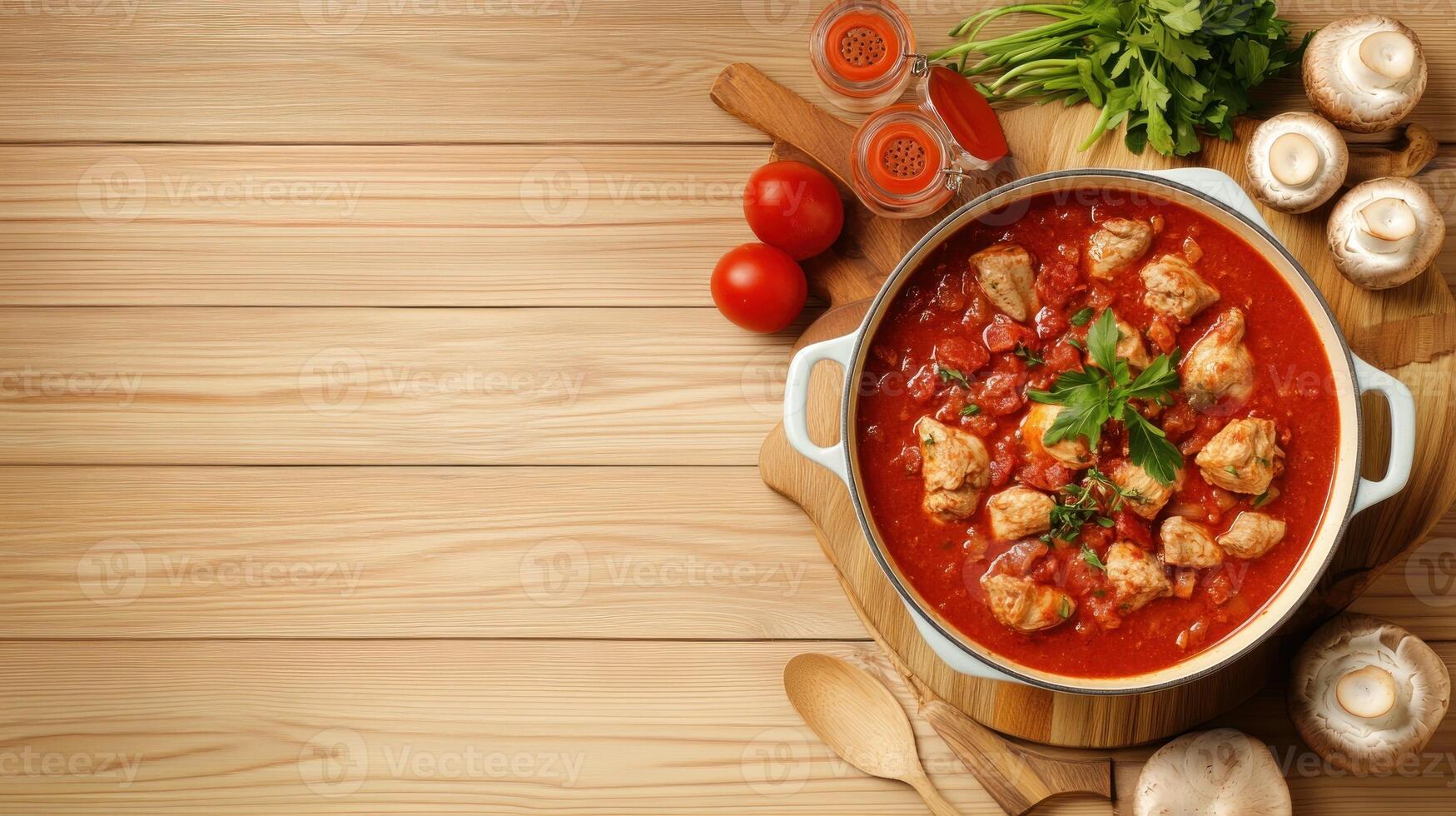 Chicken stew with tomato sauce in pot on wooden table. Healthy meal preparation concept photo