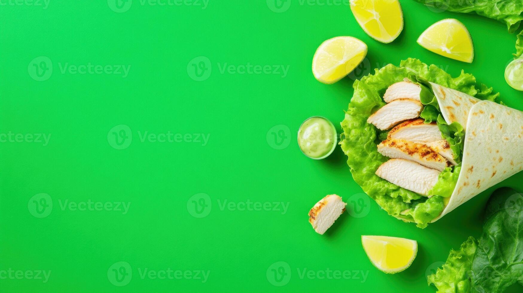 Chicken wrap with salad, lime, sauce on green background for healthy eating and promotional use photo