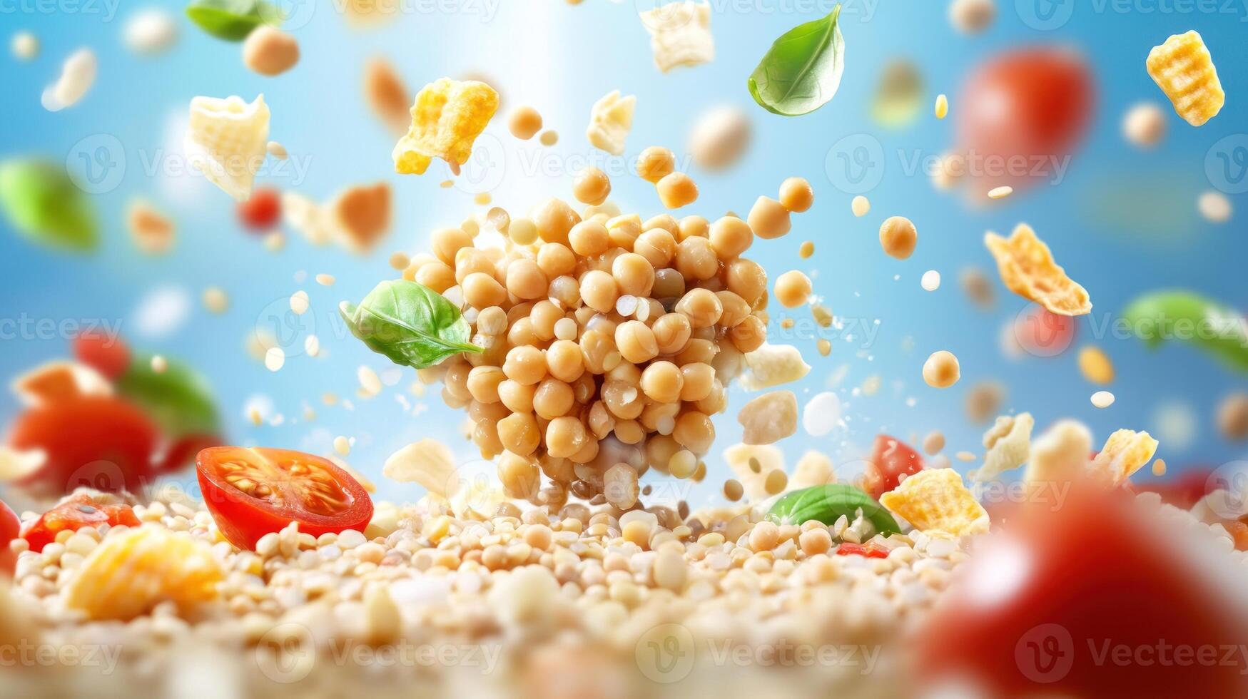Chickpeas pile on surface with tomatoes, herbs, croutons, and crumbs, flying on blue sky. Use in ads photo