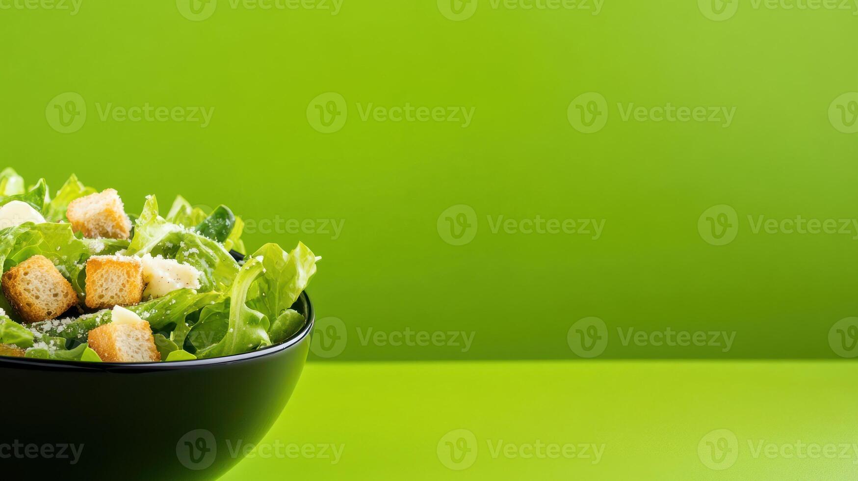 Close-up of a fresh salad in a bowl against a green background for healthy food promotions photo
