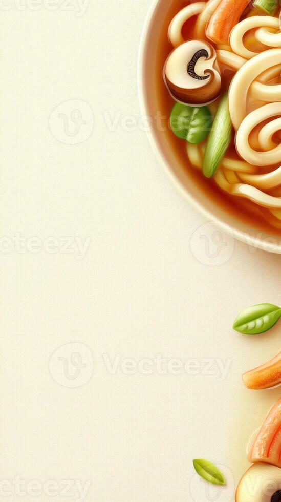Close-up of soup with noodles and vegetables, healthy meal. Background shows plain color. Food advertising photo