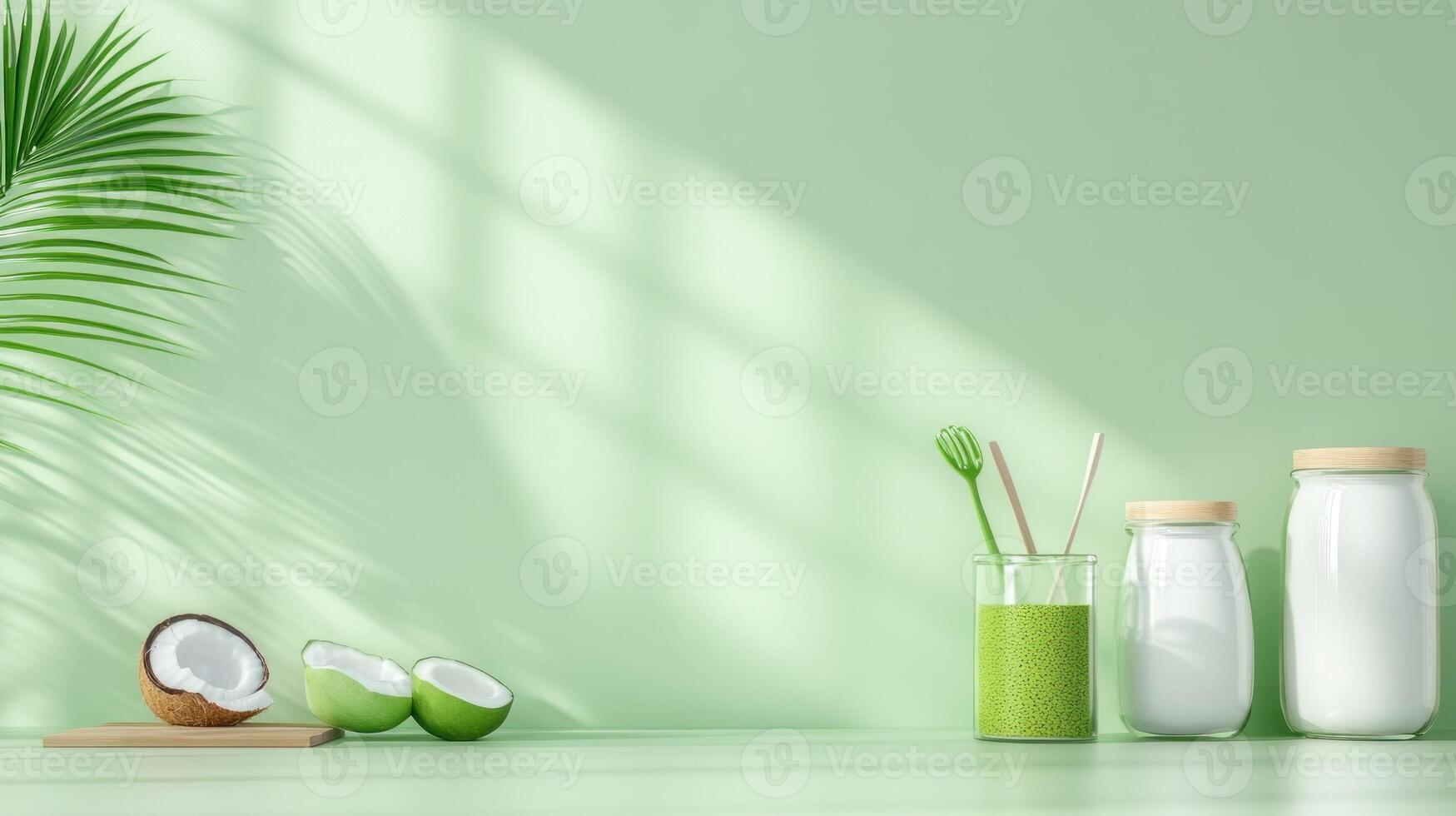 Coconut drink on table by wall with shadow. Refreshing beverage, summer, lifestyle, health photo