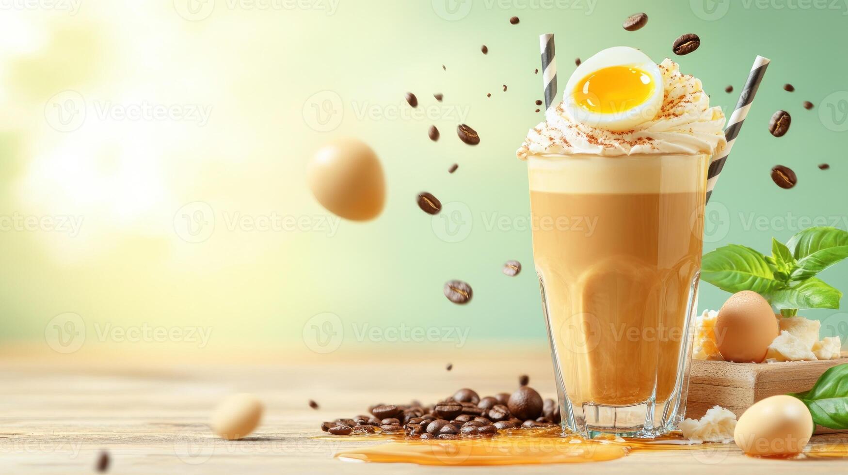 Coffee drink with egg garnish, with falling beans and eggs in the background for a quirky brunch photo
