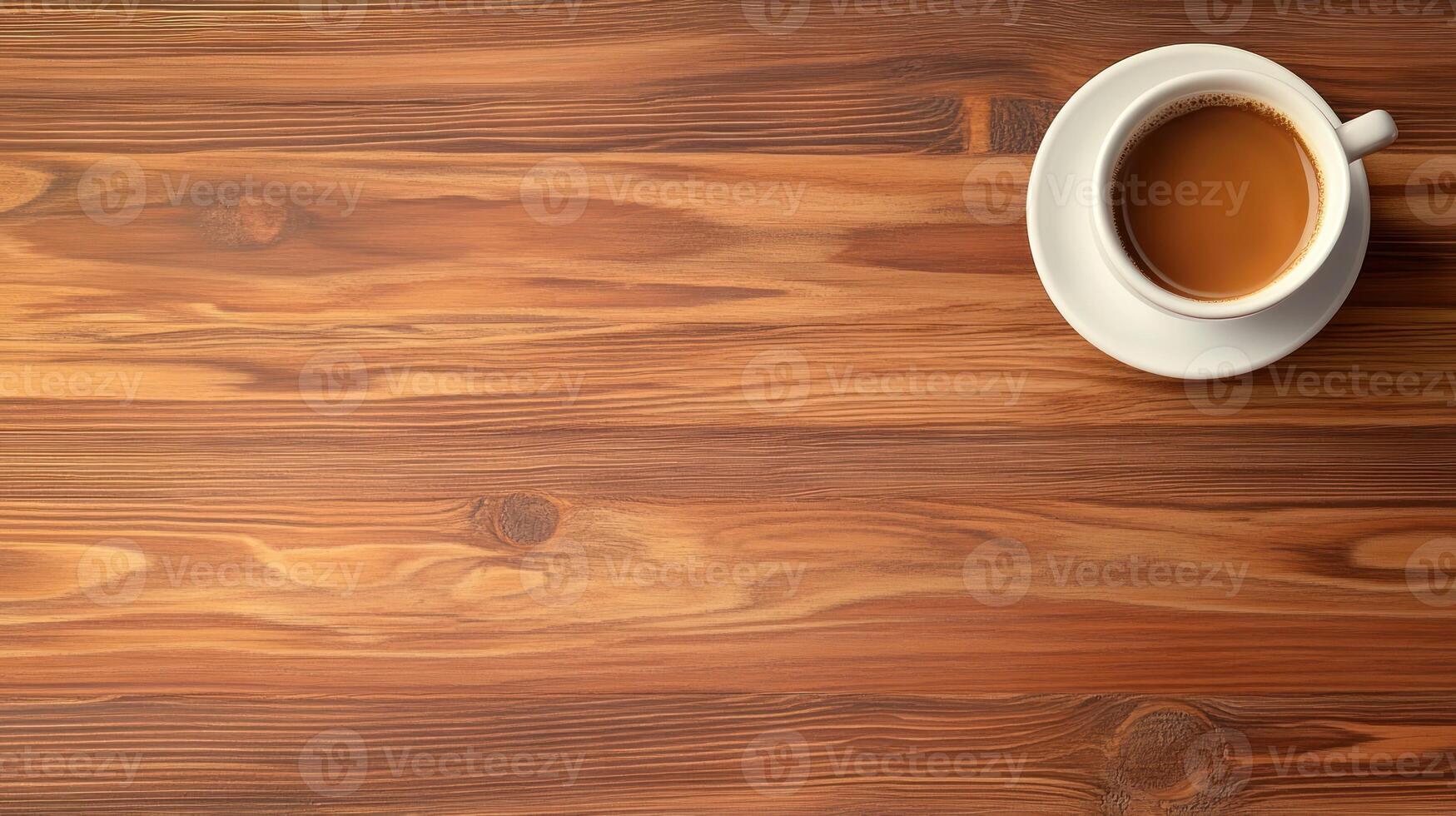 Coffee cup with milk on wooden surface. Cozy morning background for blogs, websites, advertisement photo