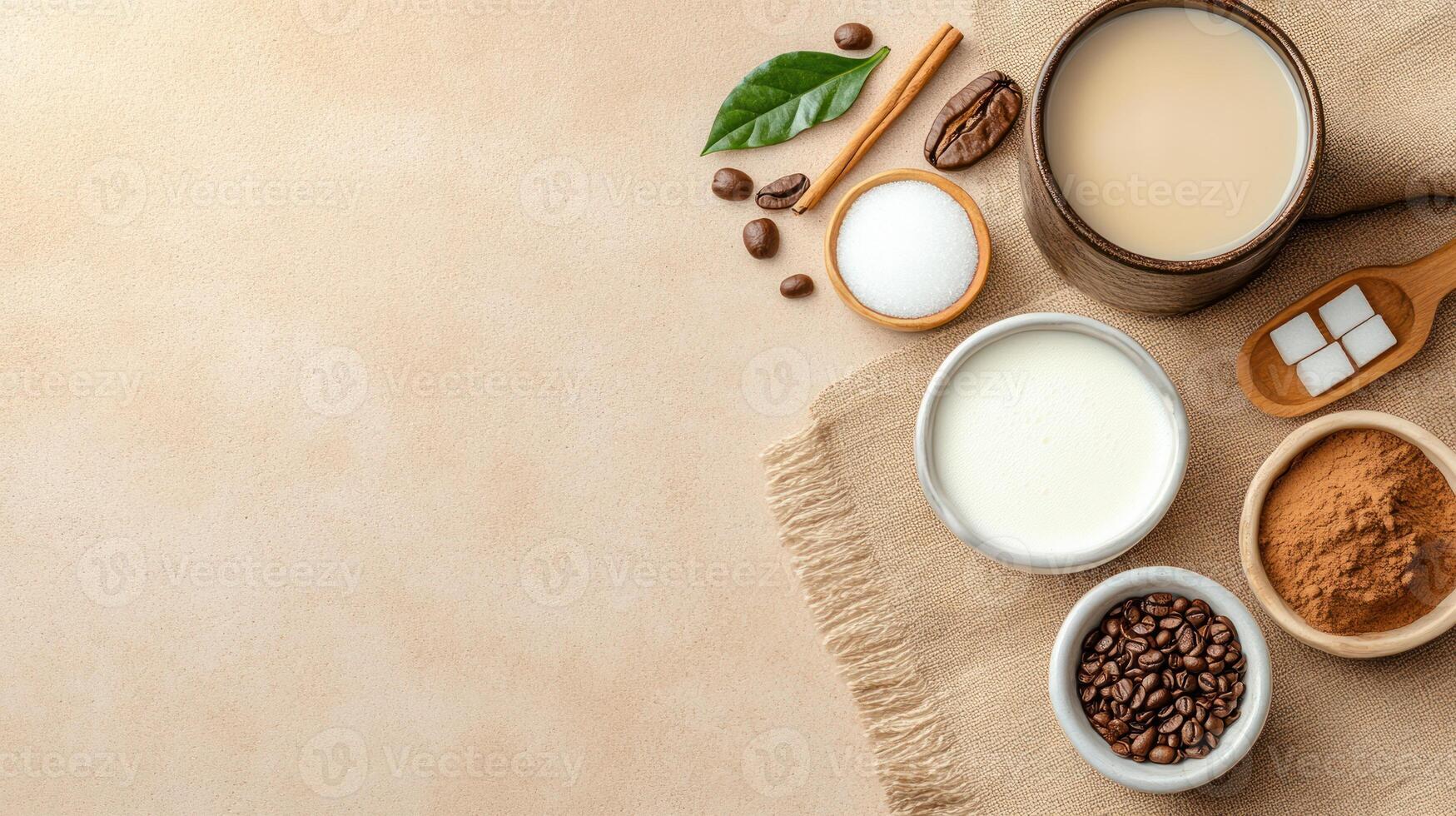 Coffee preparation scene drink with milk, cacao and sugar on a fabric, top view photo