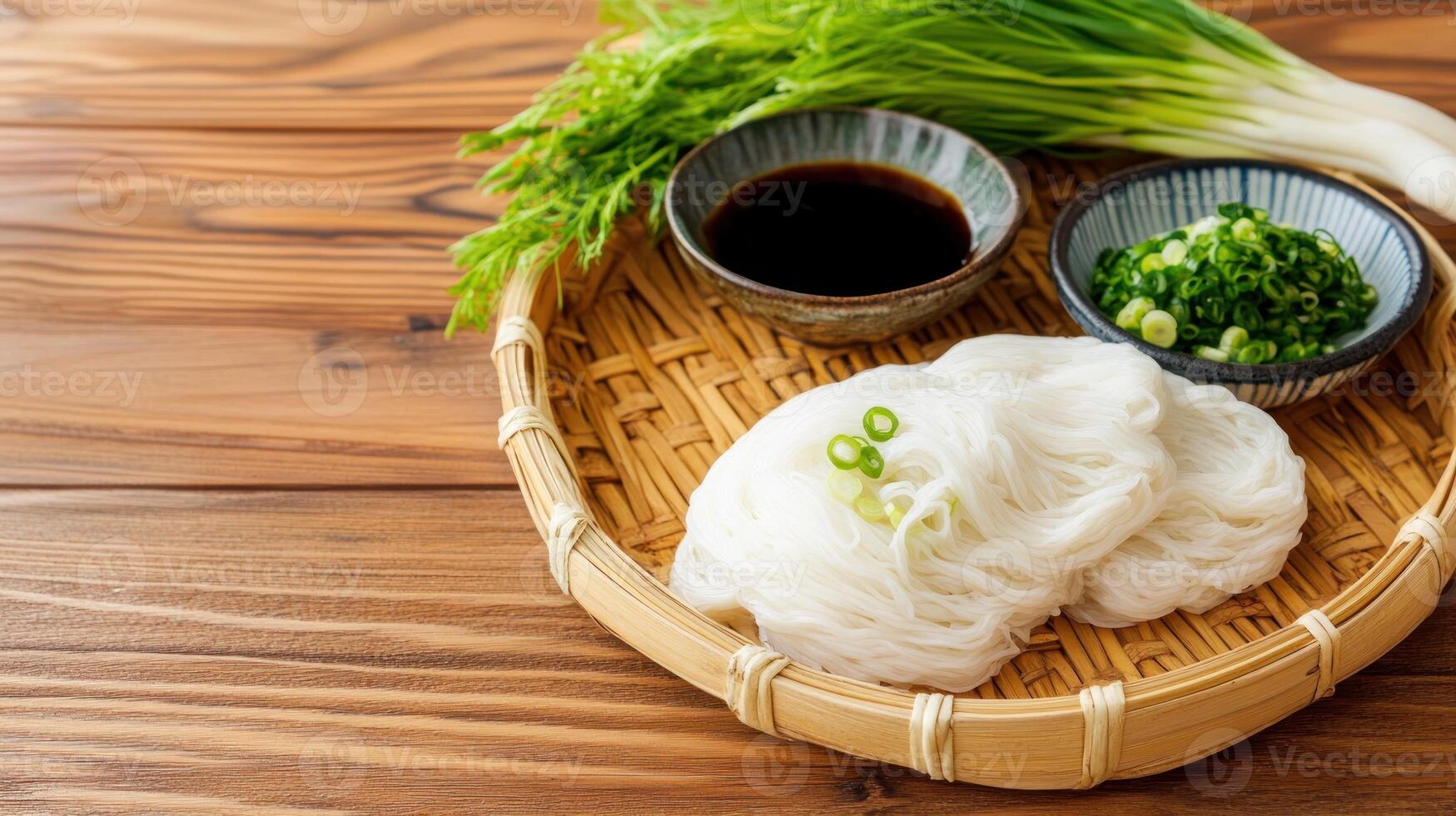 Cold noodles served with toppings and sauce in a basket for healthy diet meal preparation photo