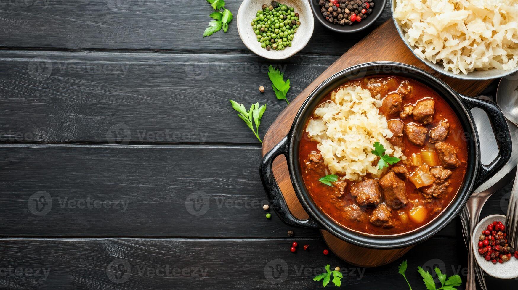 Comforting stew bowl with cabbage on black wood table, a cozy dinner, food photography photo