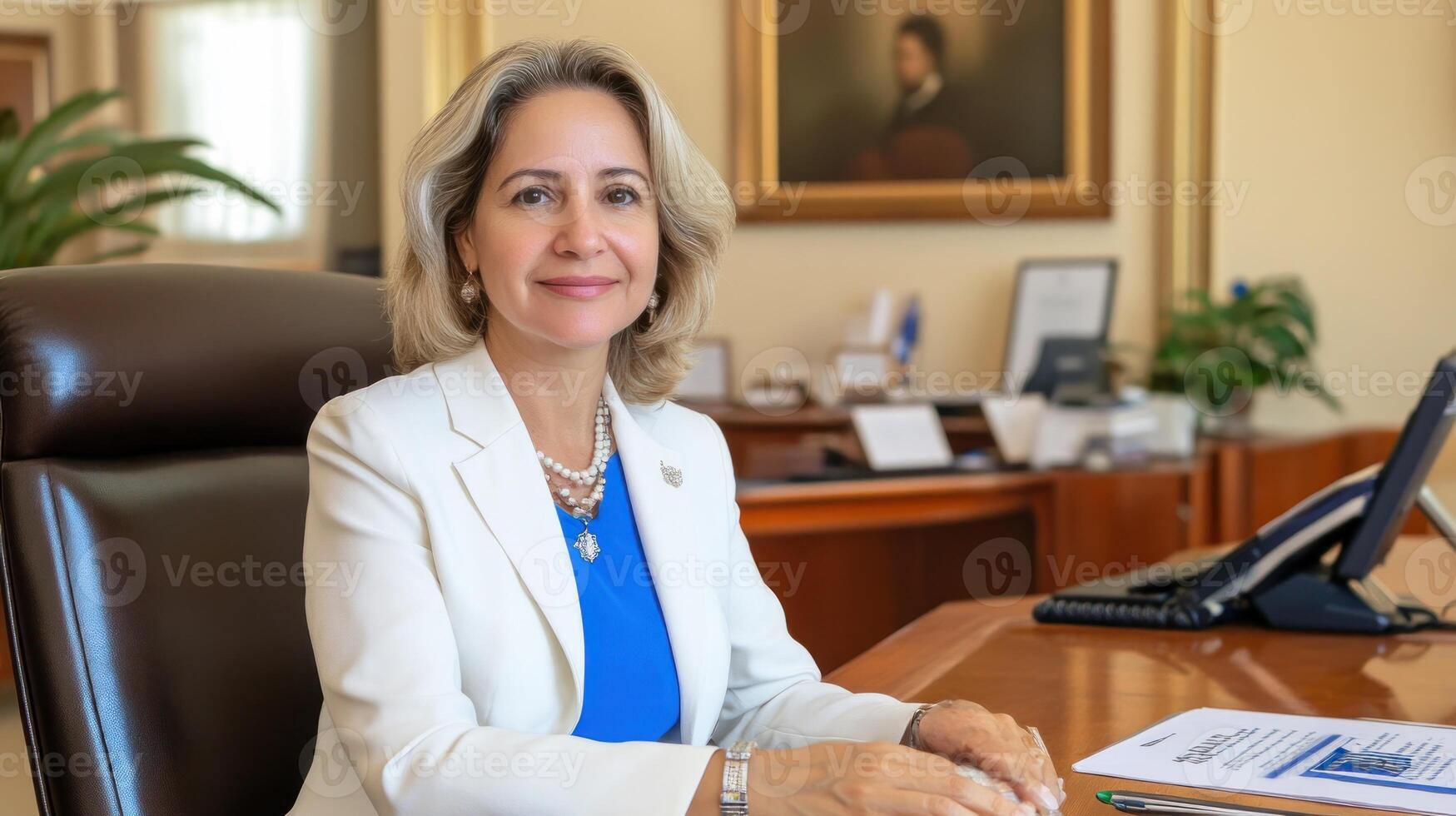Confident woman smiles in a bright office, sitting at her desk, documents and a painting in the background photo