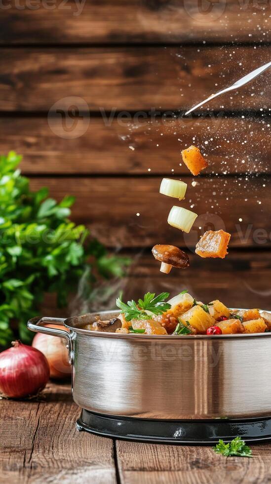 Cooking stew with vegetables in a pot on a rustic wood background. Possible use culinary recipe photo