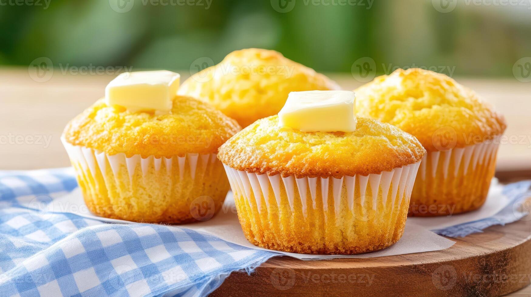 Cornbread muffins on a wooden board with butter. Food photography photo
