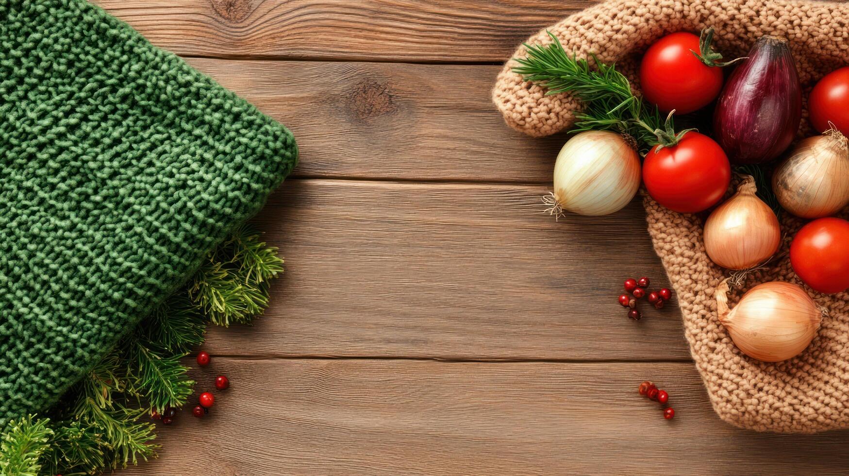 Cozy knitted hat and veggies inside a jute sack on wooden desk. Festive still life photo