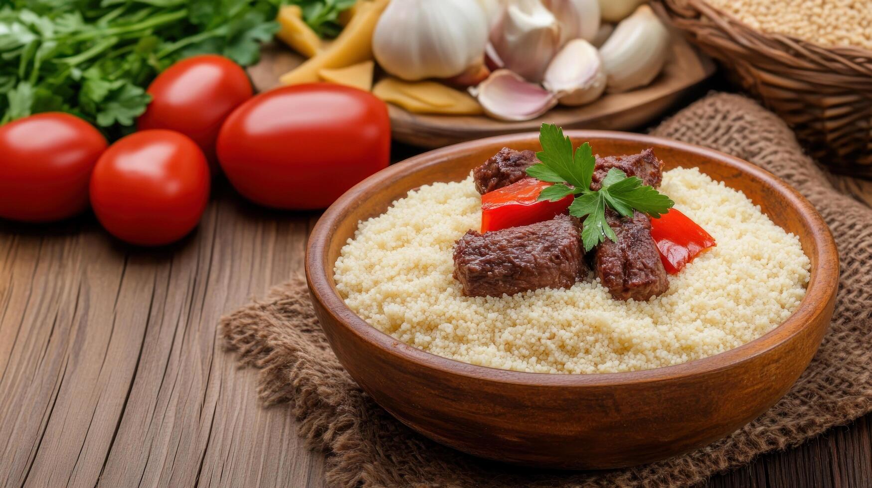 Couscous with meat, red peppers, herbs on rustic wood table. Culinary recipe shot for cookbook photo