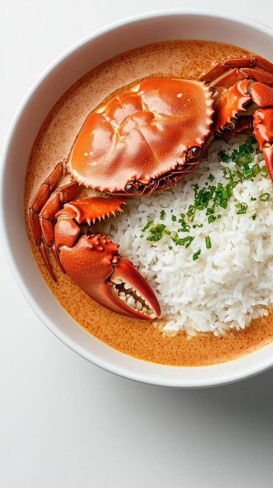 Crab curry with rice, chives garnish. For a seafood recipe blog, restaurant menu photo