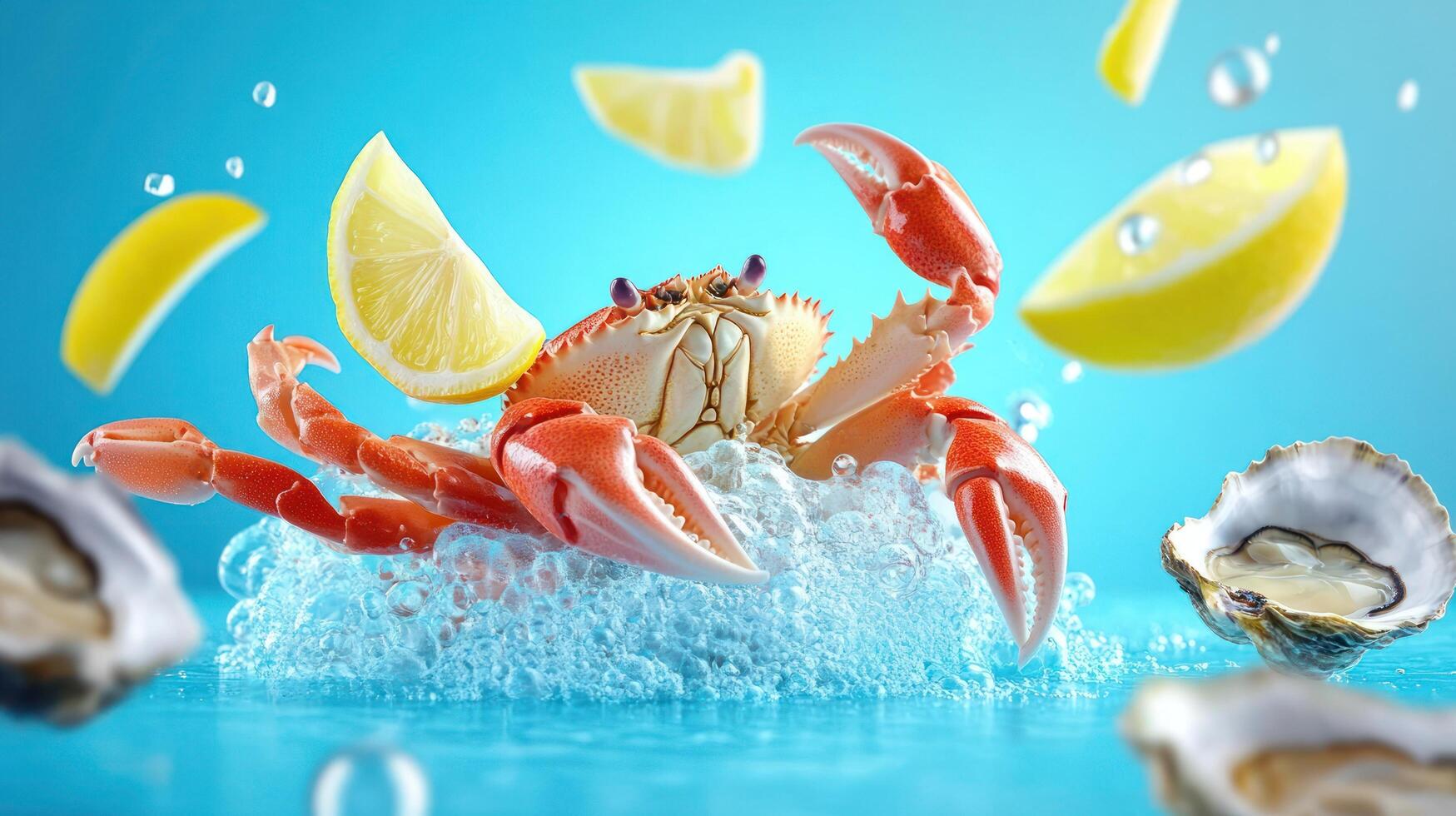 Crab in ice with lemons and oysters. For seafood restaurant menu, blog or advertising photo