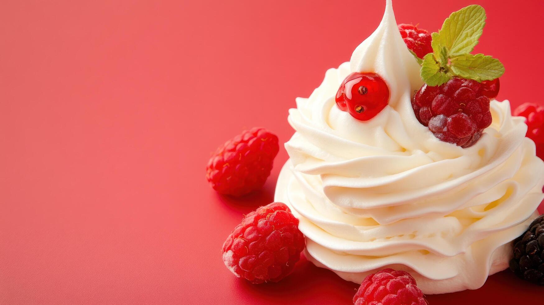 Cream dessert with berries on red background, ideal for food blogs or dessert ads photo