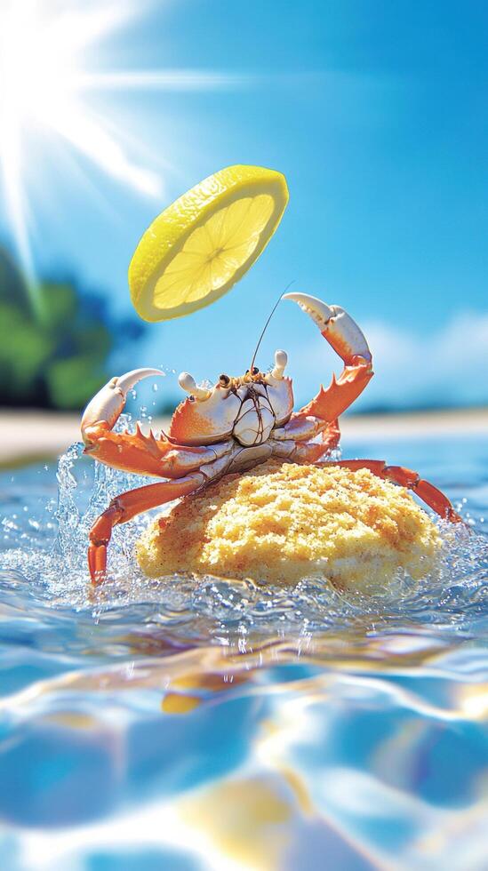 Crab dances with lemon slice on biscuit. Beach, sunny sky, water splashing. Food ad photo