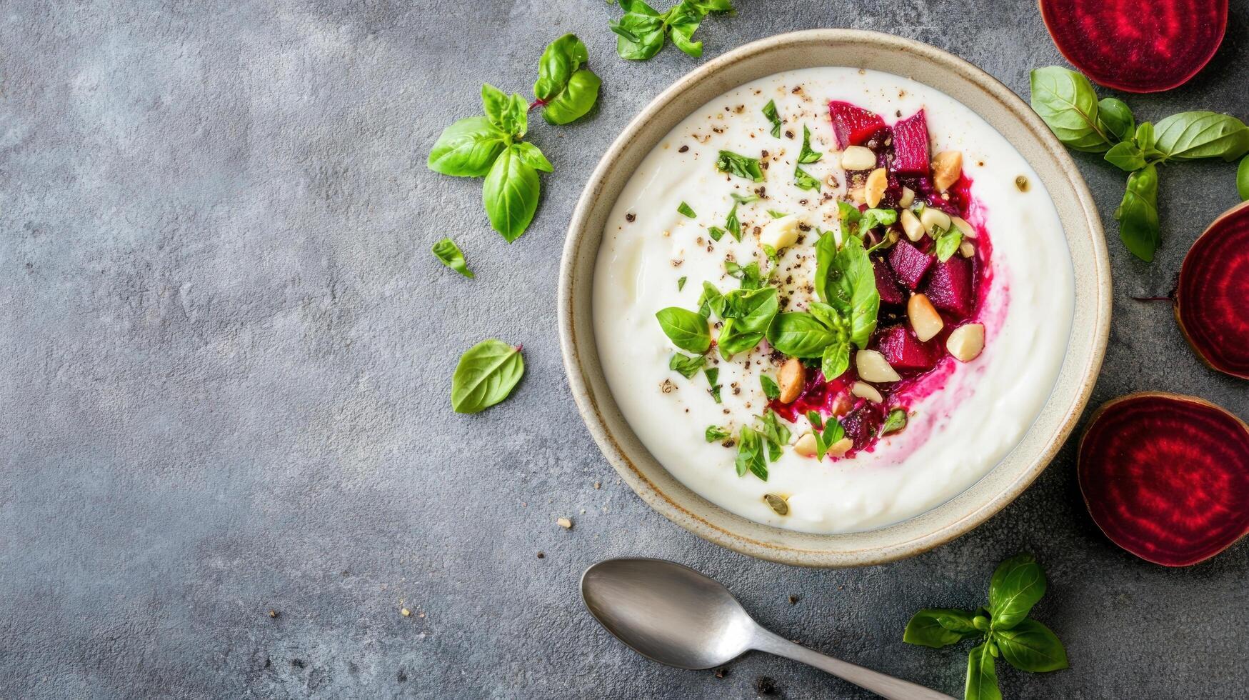 Creamy beet appetizer served in bowl against grey backdrop for healthy recipe blogs, menus photo
