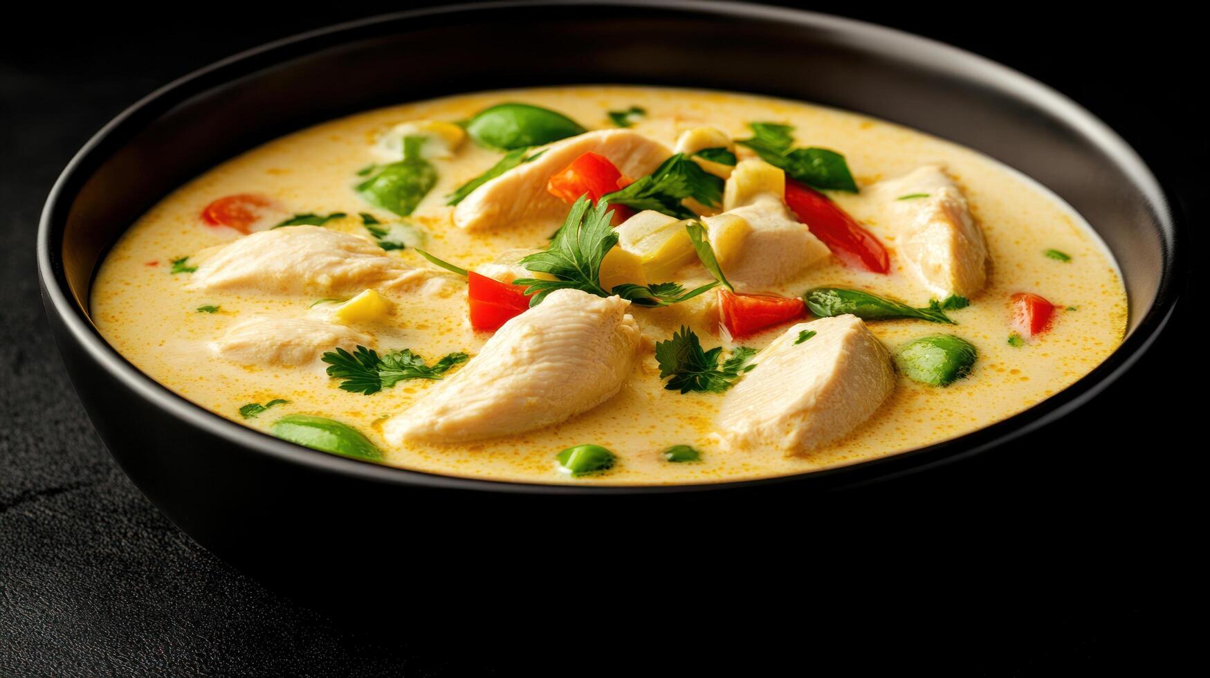 Creamy chicken soup with colorful vegetables in black bowl on a dark background for menu or recipe photo