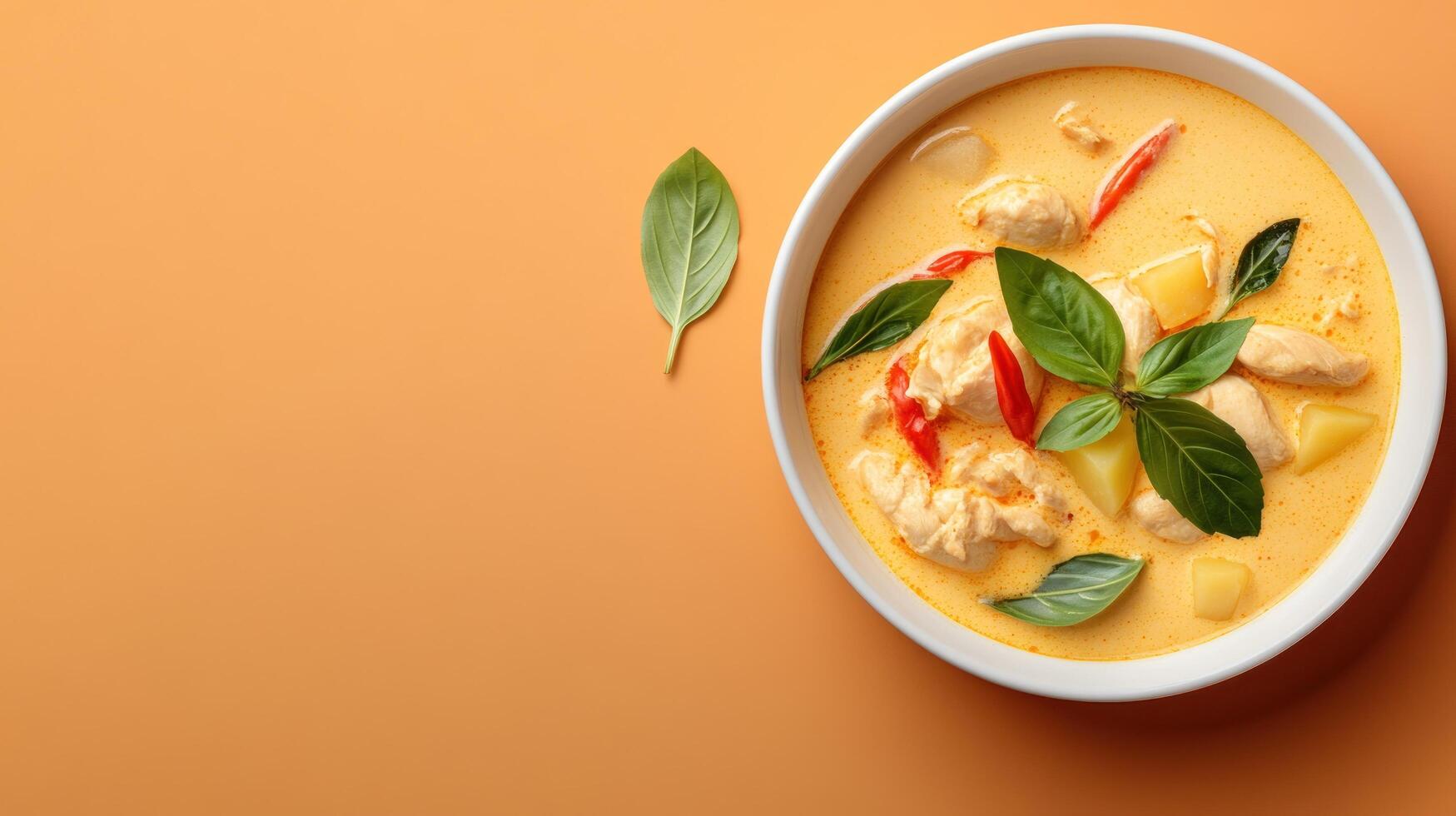 Creamy curry with chicken and potatoes, served with basil leaves on plain background for menu photo