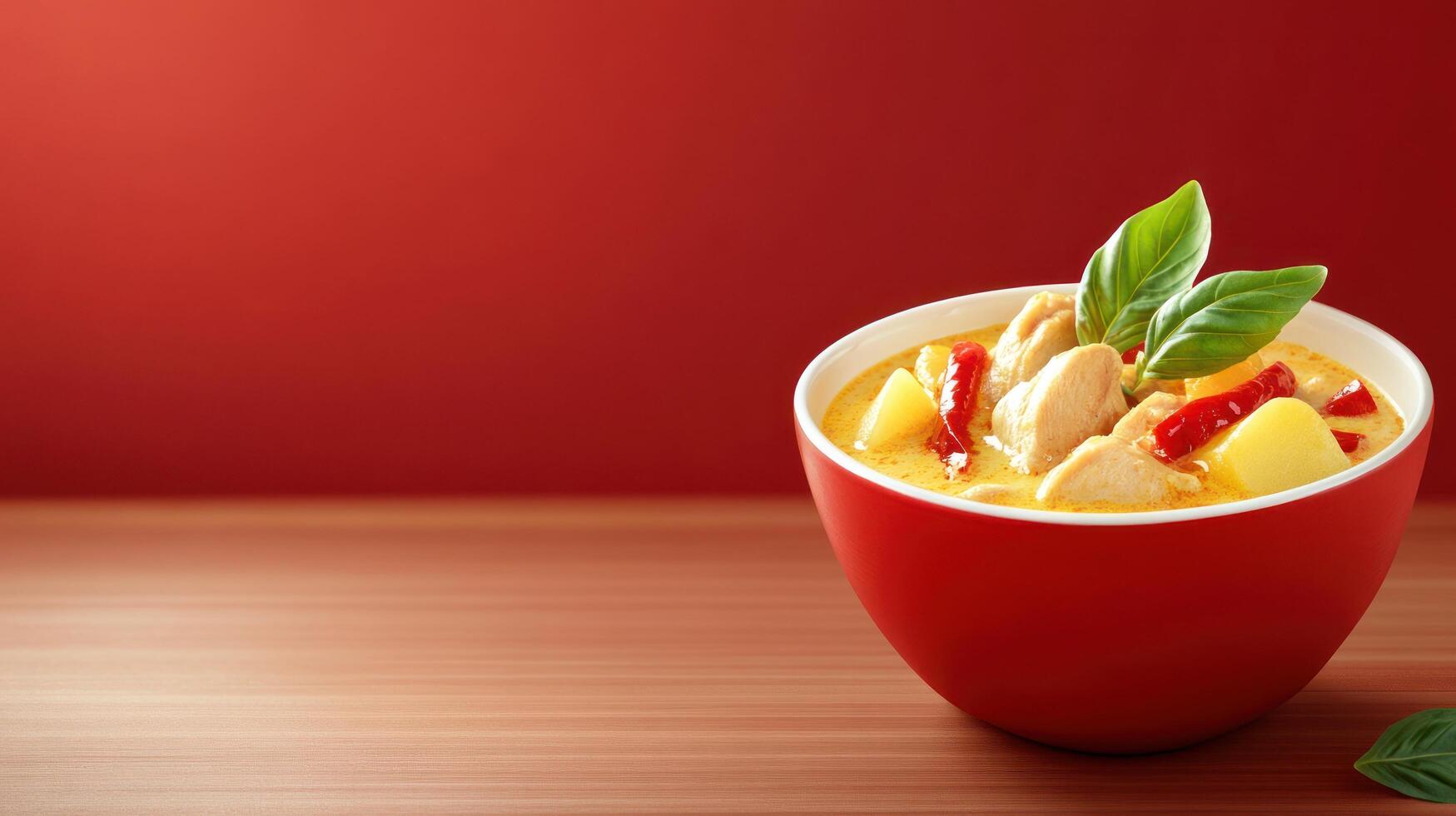 Creamy curry chicken with basil served in bowl for food blogging, menu, or restaurant ads photo