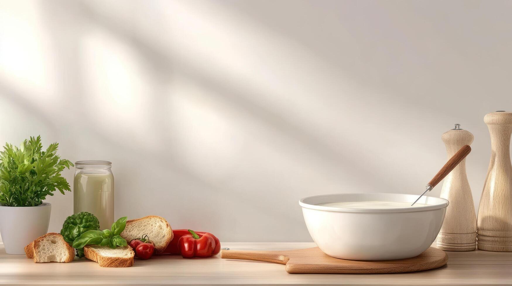 Creamy dip prepared in bowl on wood board with parsley. Bright sunny background. Recipe photo