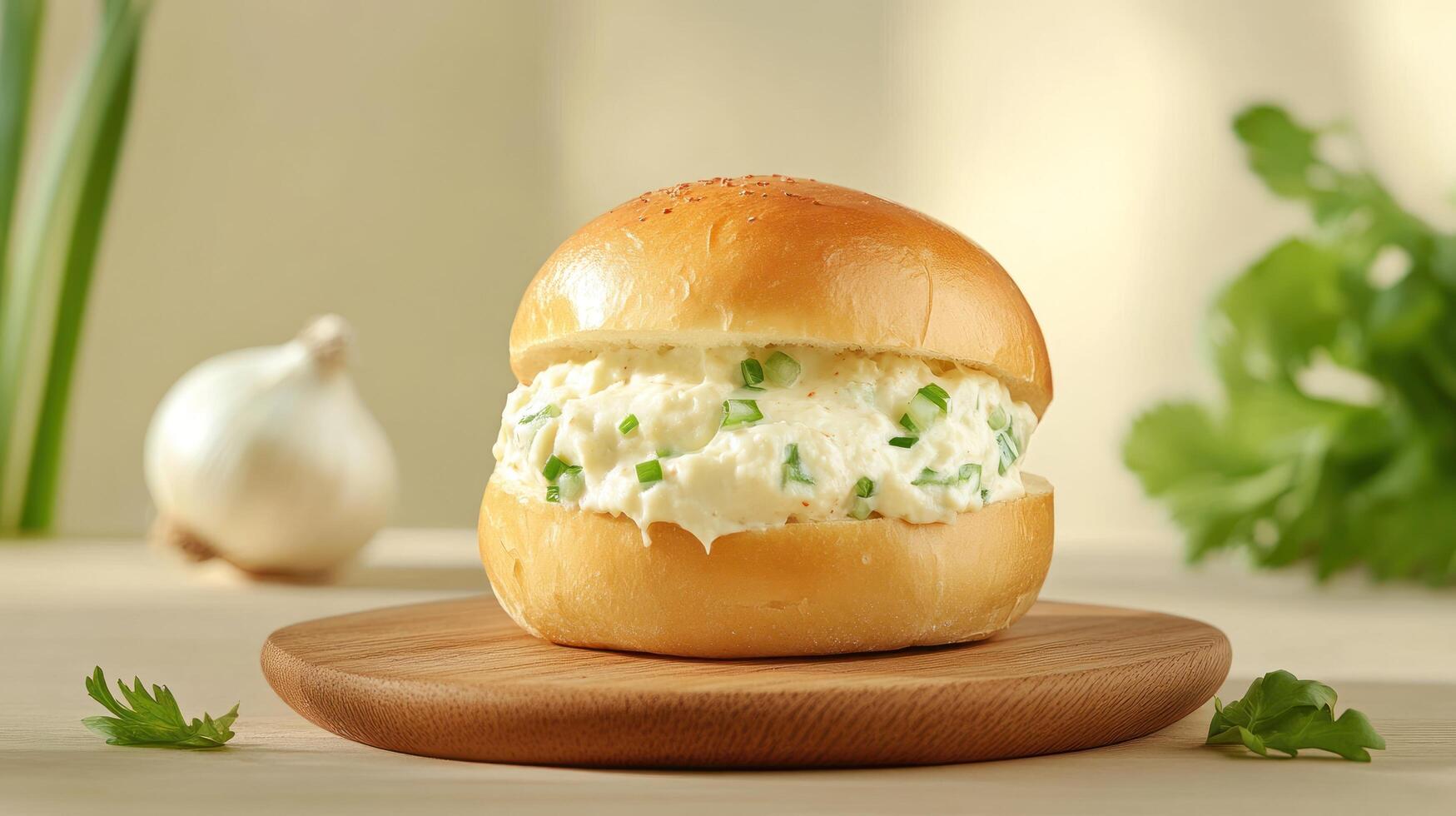 Creamy filling bun on wood board for cafe menu. Scallions, garlic, cilantro add light green accents photo