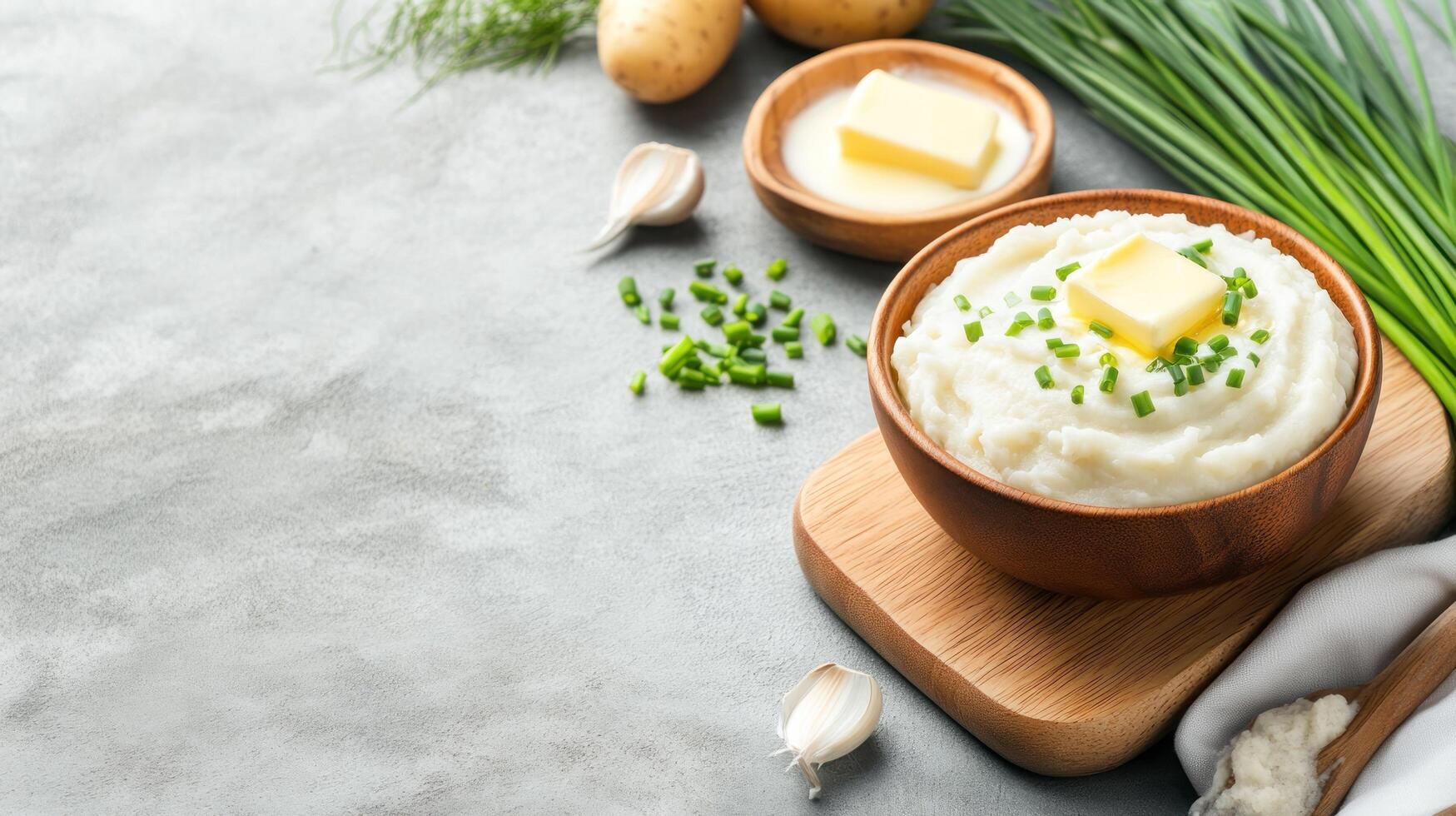 Creamy mashed potatoes, wooden bowl, butter, chives on gray table. Background dill, garlic, potatoes. Use Food blog photo