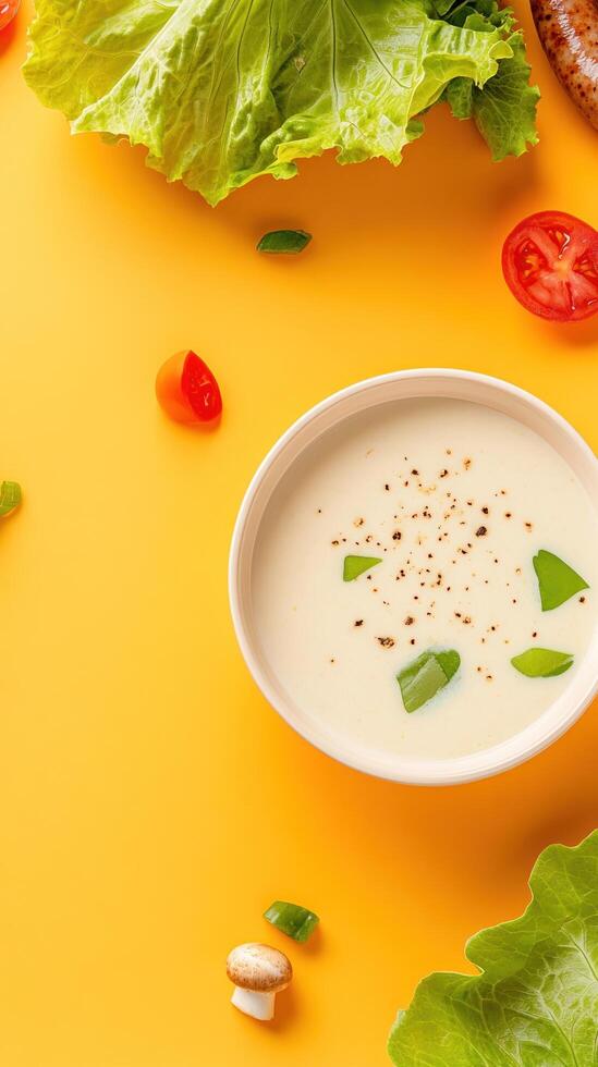 Creamy soup in bowl on yellow with salad, tomato and mushroom, for culinary and cooking ads photo