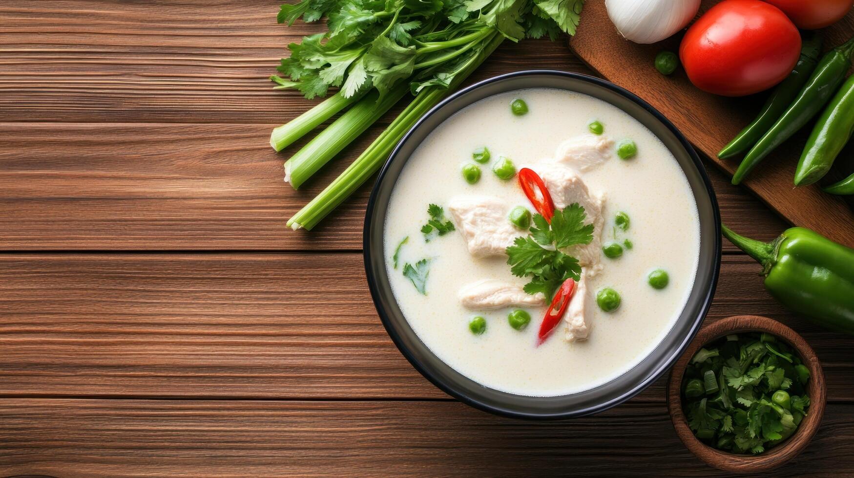 Creamy soup with chicken and peas on wooden table. A healthy meal ready to eat photo