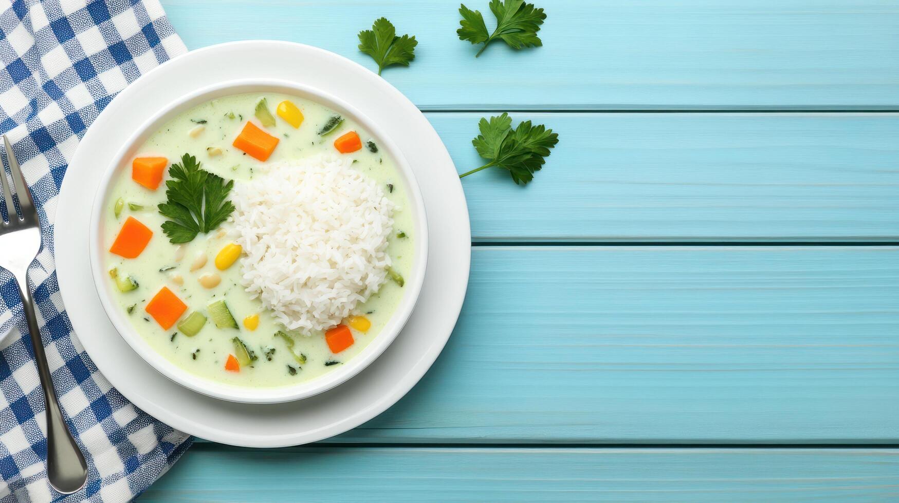 Creamy soup with rice on blue table with dishcloth. Culinary ad for recipe blog photo