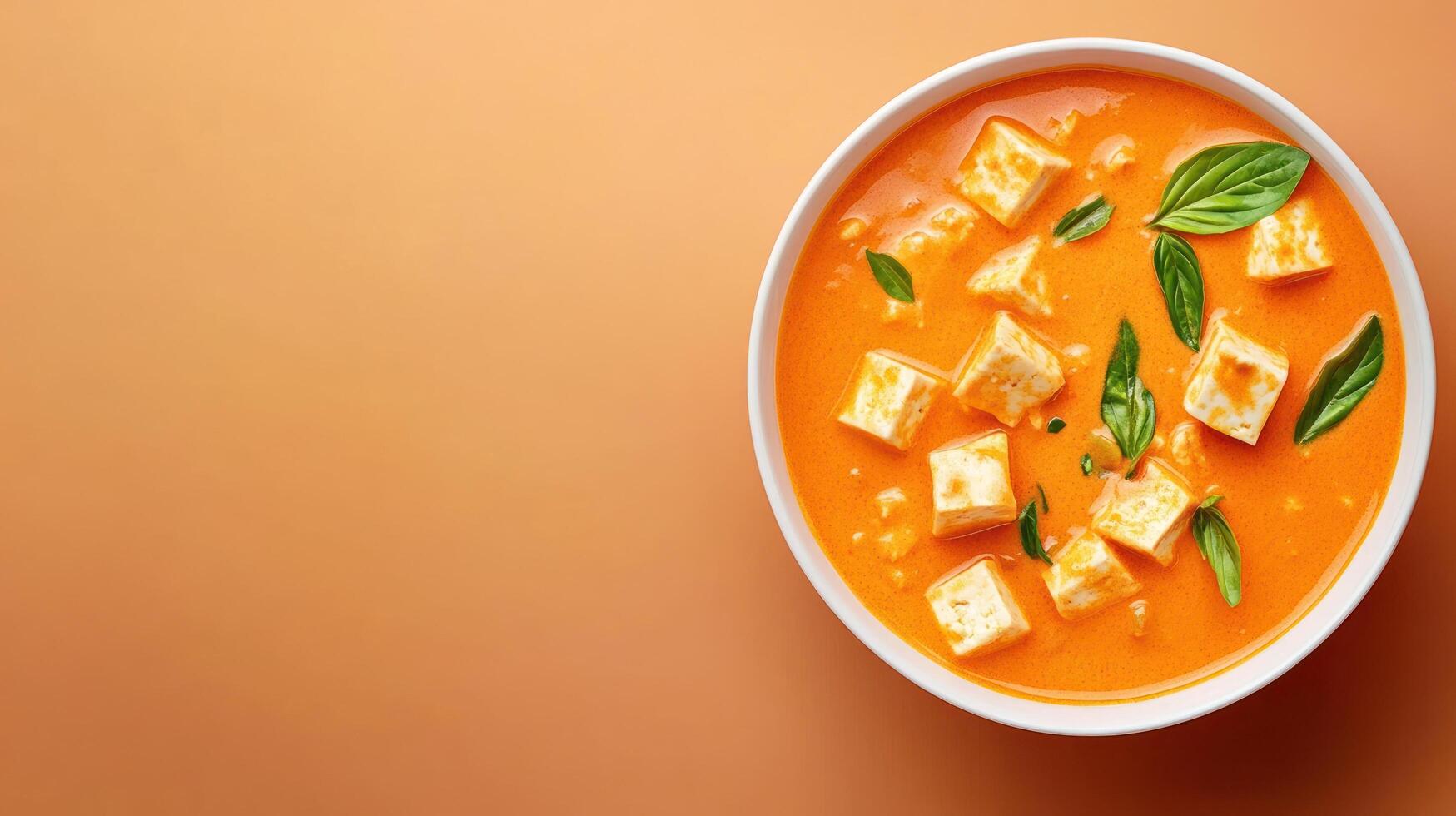 Creamy tofu curry in bowl, basil garnish, flat lay. Food photography, recipe background photo