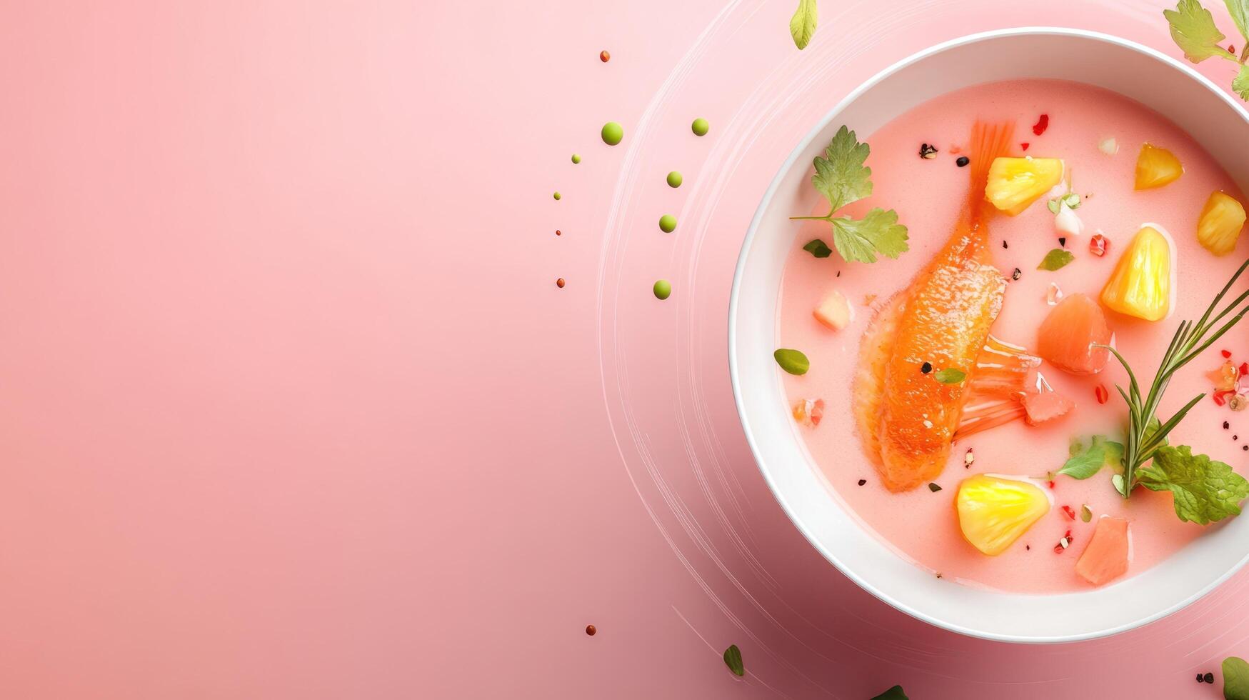 Creative fish soup dish with herbs and fruit pieces on pink background for gourmet cuisine photo