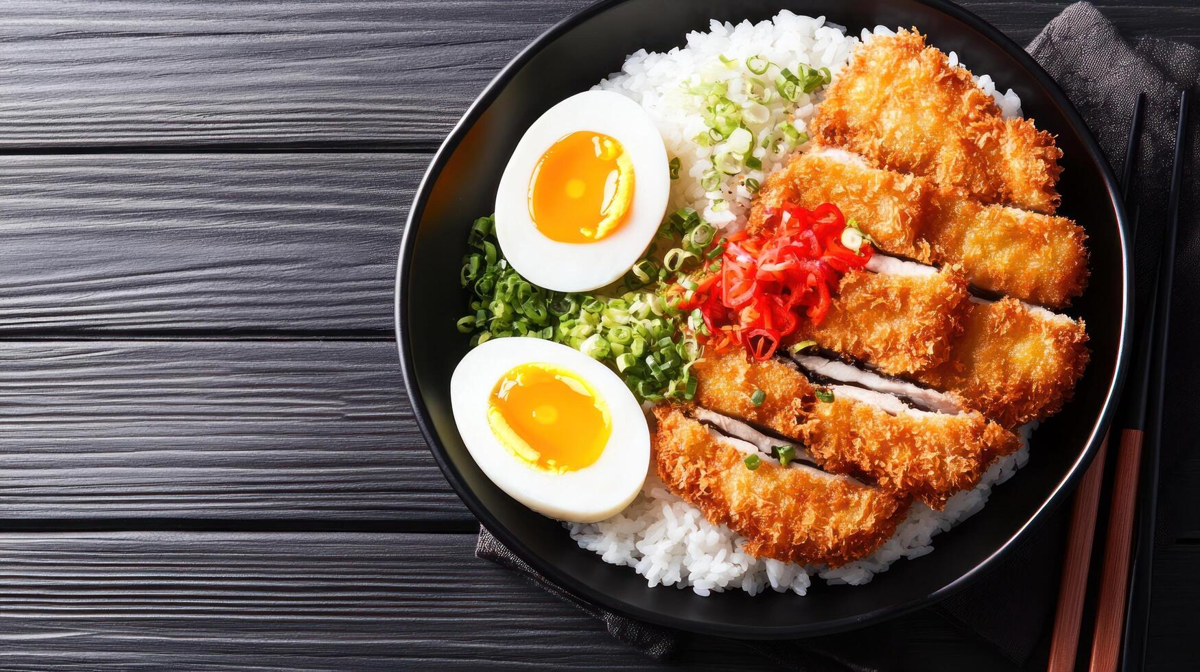 Crispy chicken on rice with eggs in a bowl, for restaurant, food blog, or cookbook photo