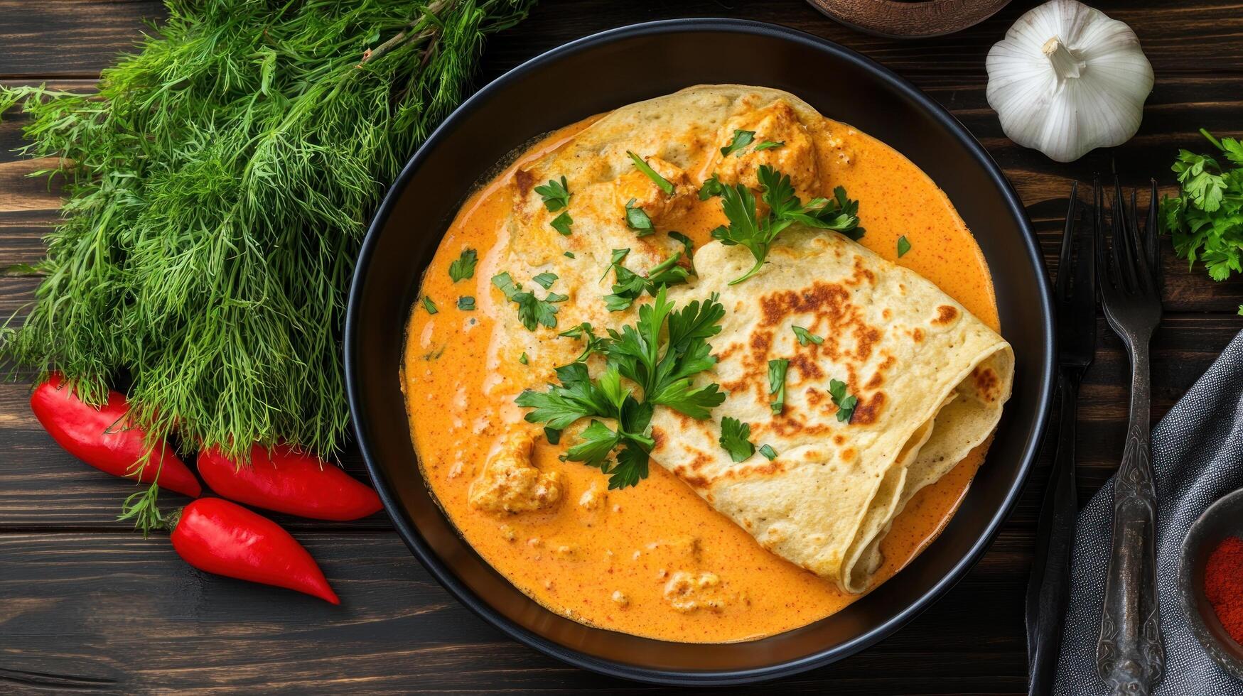 Crepes served with sauce. Delicious food with herbs, served on wooden table. Photo for restaurant menu