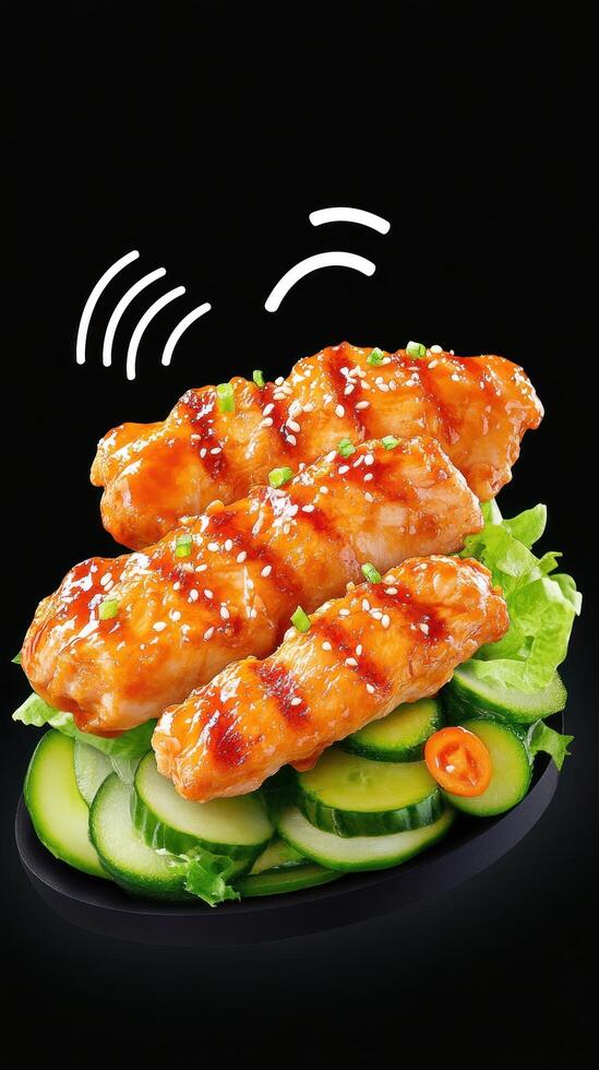 Crispy chicken with sesame on vegetables, food photography concept, product image, promotion photo