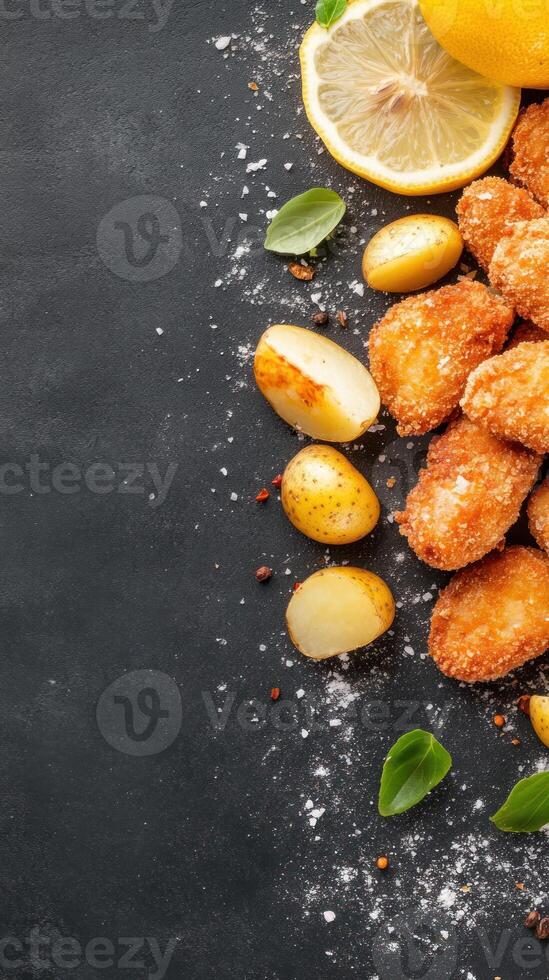 Crispy nuggets and potatoes served with lemon and basil on a dark surface for menu design photo