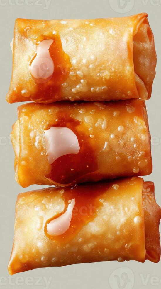Crispy spring rolls stacked with sauce, appetizer or side dish, light background, food blogging photo