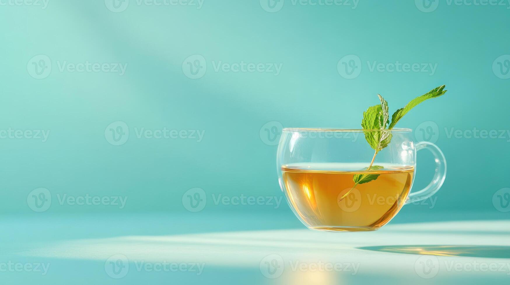 Cup of herbal tea with mint sprig against green backdrop for health and wellness editorial use photo