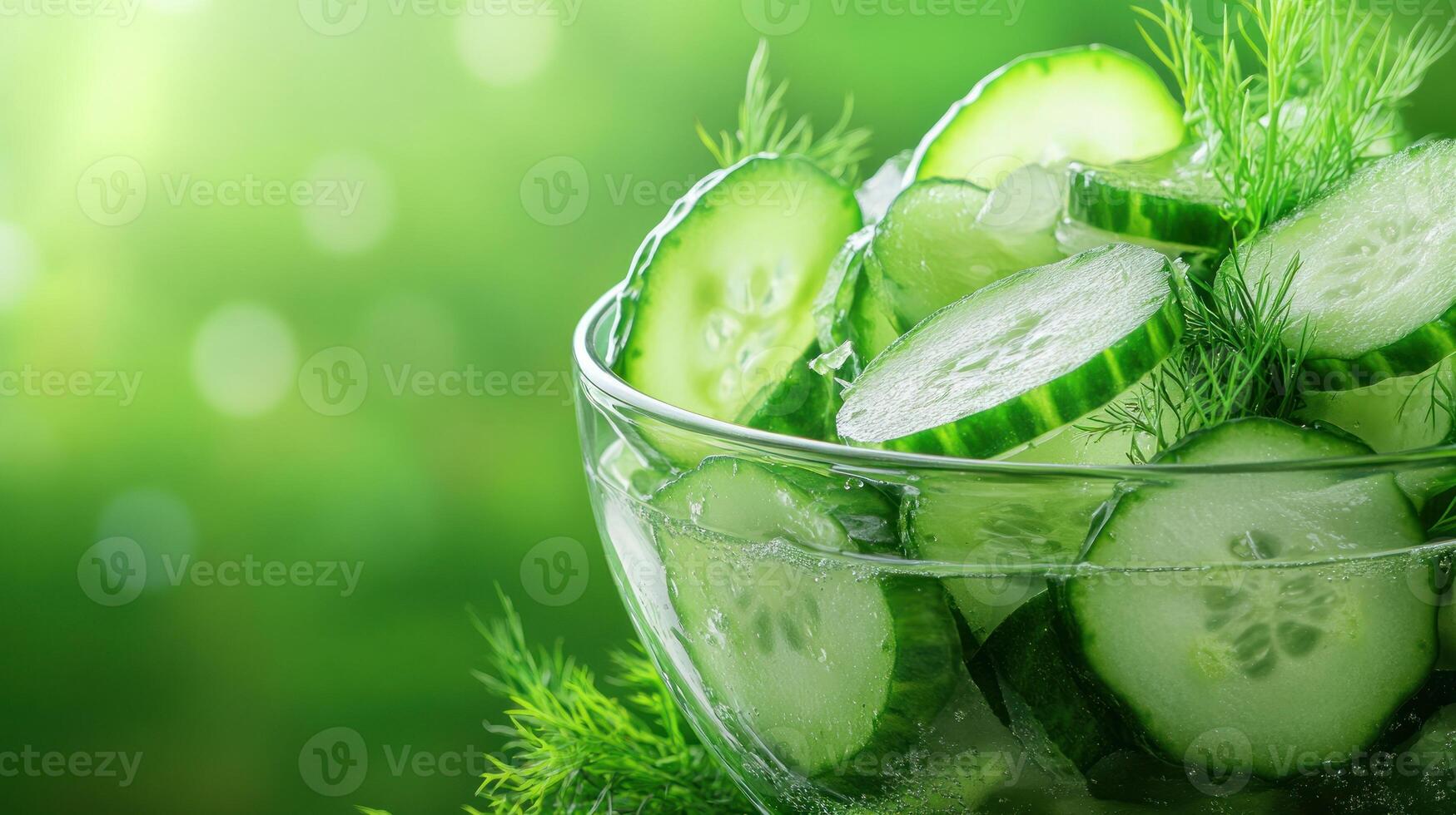 Cucumber slices in a bowl. Dill garnish on blurred green nature background. Salad prep concept photo