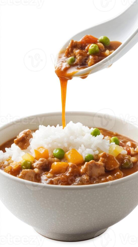 Curry rice being poured on rice. Bowl on white table, for restaurant menu, cooking blog photo