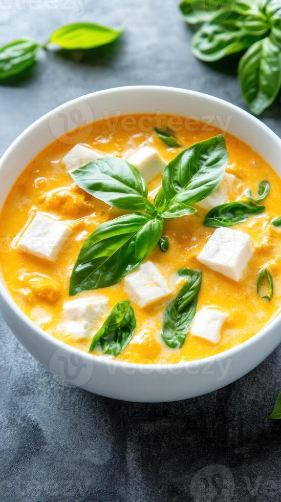 Curried soup with tofu is garnished with basil leaves and sits on a stone surface photo