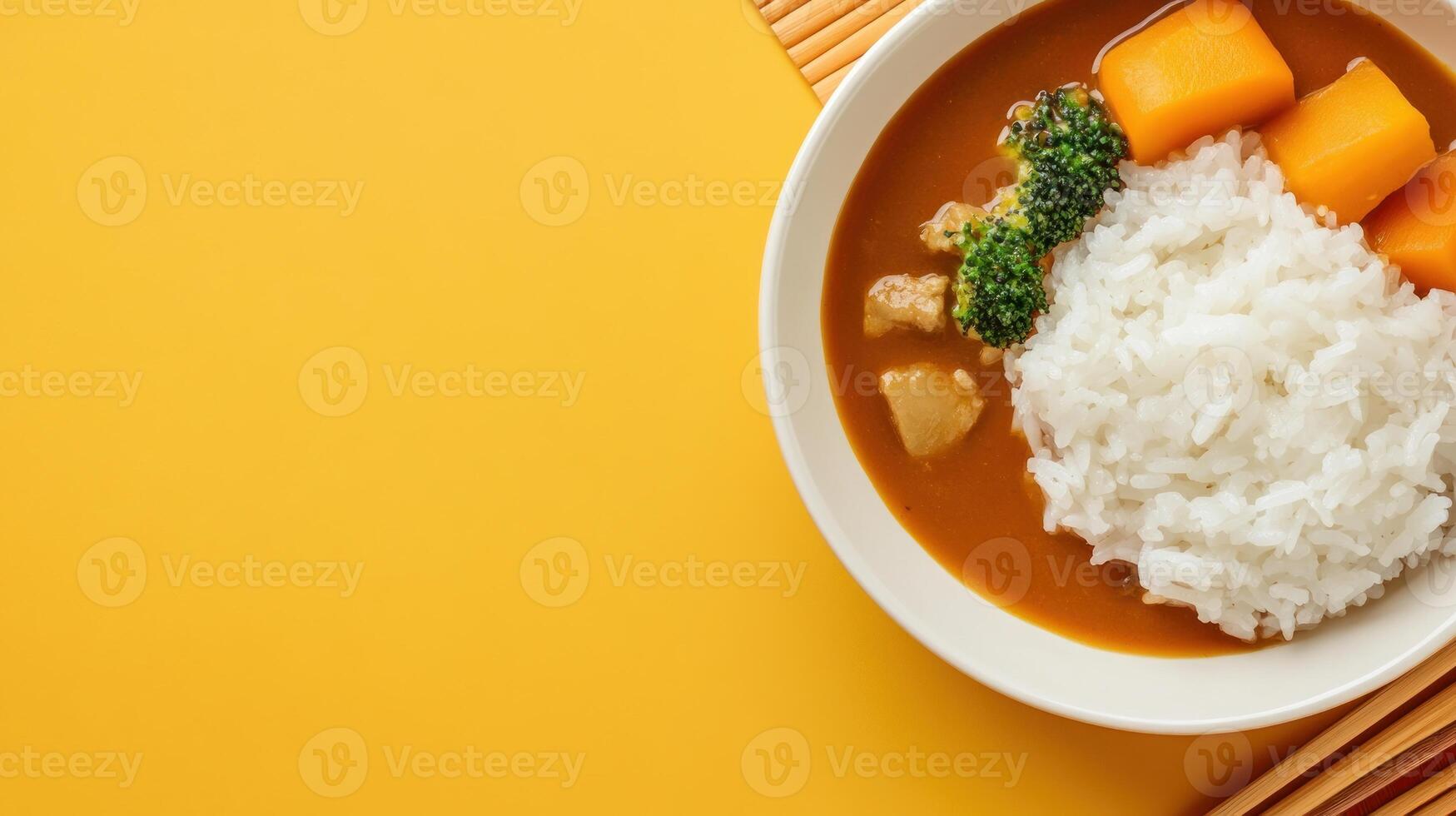 Curry rice with pumpkin and broccoli, served on a plate, in bright yellow background photo