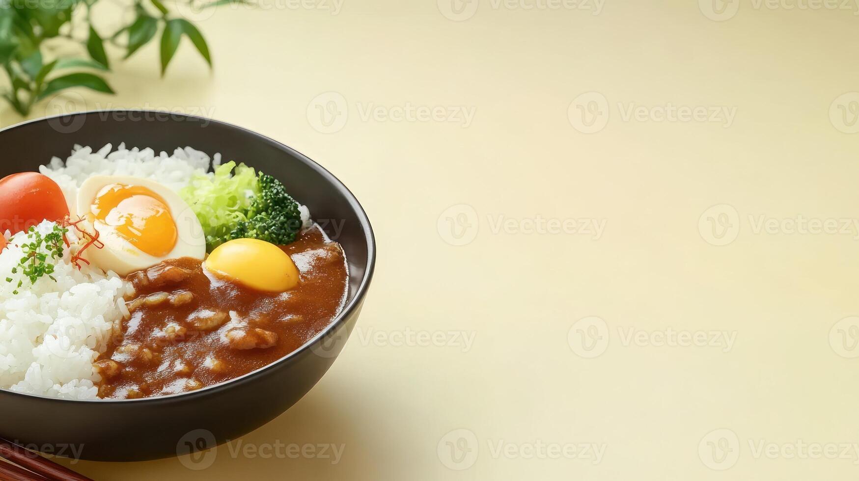 Curry with rice, egg, and vegetables served in a black bowl, ready for consumption photo